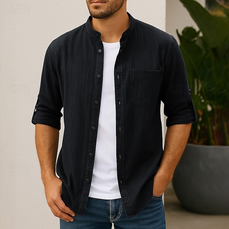 Hombre Camisa Camisa de lino Camisa casual Abotonar la camisa Remera de algodón Plano Vacaciones Calle Negro Blanco Verde Ejército 3/4 Mangas Cuello alto Verano Primavera Ropa Bolsillo delantero 2025 - $13.99 –P3