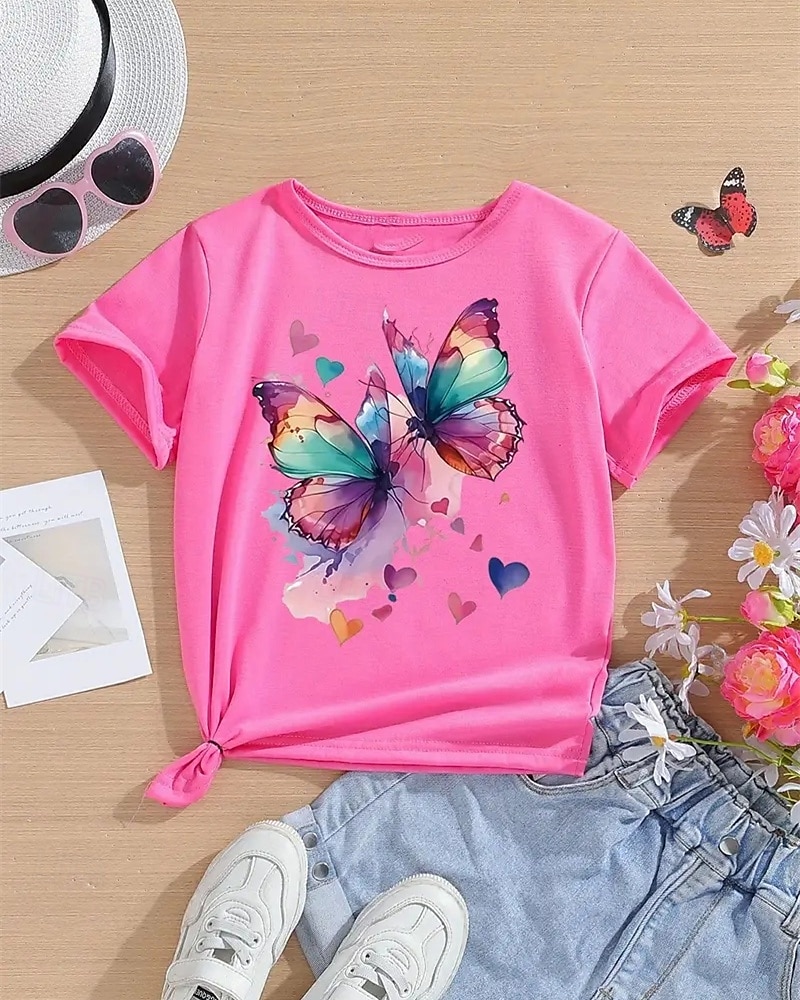Girls' 3D Butterfly T shirt Tee Short Sleeve Summer Spring Fashion Basic Kids 4-12 Years Crew Neck Outdoor Casual Daily Regular Fit 2025 - $11.99 –P5