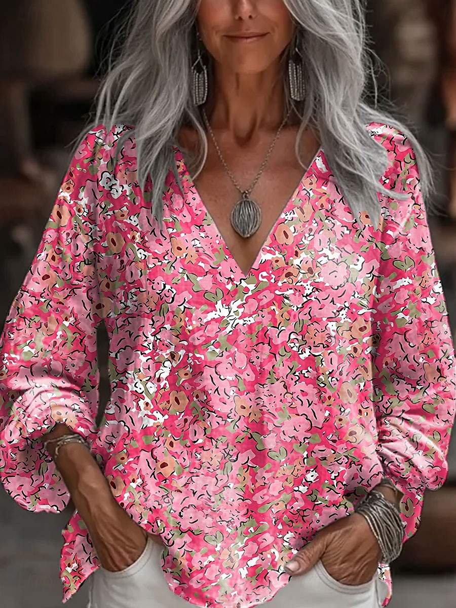 Dame Bluse Blomstret Grafisk Stilfull Fritid 3/4 ermer V-hals Vanlige topper Daglig Rød Blå Lilla Sommer 2025 - $24.99 –P1