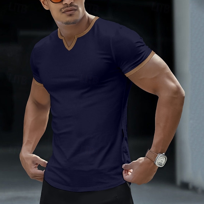 2025年 男性用 Tシャツ ティートップ 半袖 Vネック ノッチ 夏 カラーブロック ファッション デザイナー ベーシック クラシック バケーション ストリート カジュアル ブラック ホワイト グレー メンズトップTシャツ コレクション – $8.99 –P3