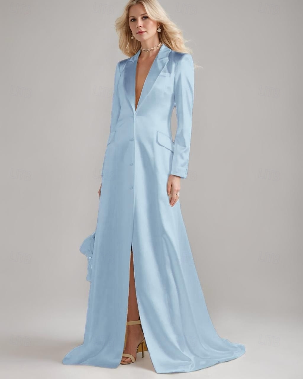 Blazer Kleid A-Linie Brautmutterkleid Smokingkleid Elegant Einfach Luxuriös V-Ausschnitt Mit Revers Bodenlang Satin Langarm mit Falten 2025 - $159.99 –P4