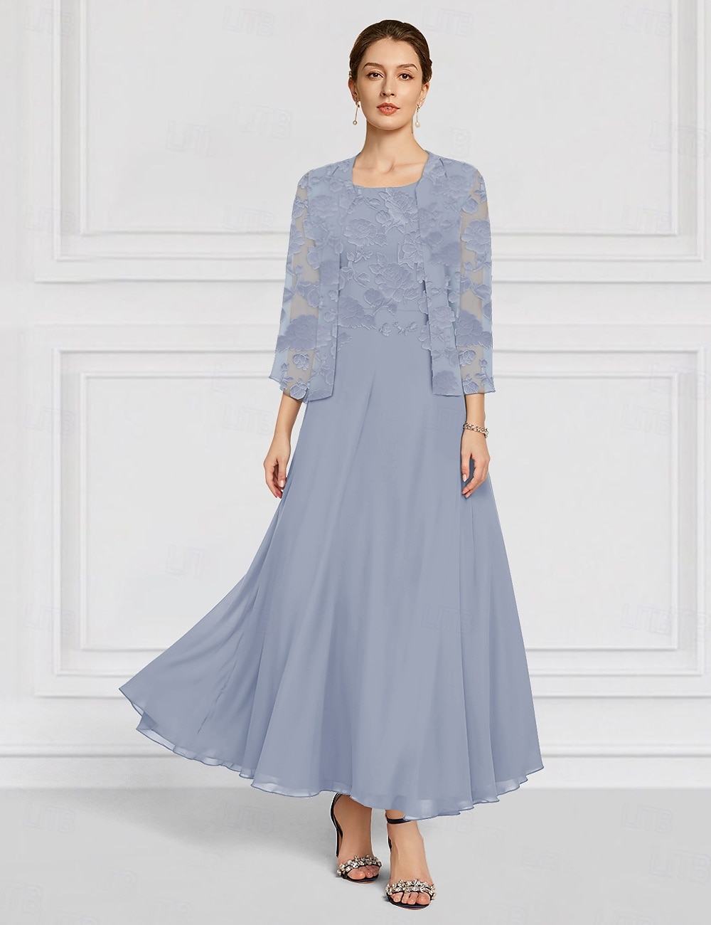 Sky Blue Burnt Out Floral Lace Two Piece A-Line Mother of the Bride Dress Elegant Simple Minimalist Boat Neck Floor Length Chiffon 3/4 Length Sleeve with Jacket 2025 - $139.99 –P5