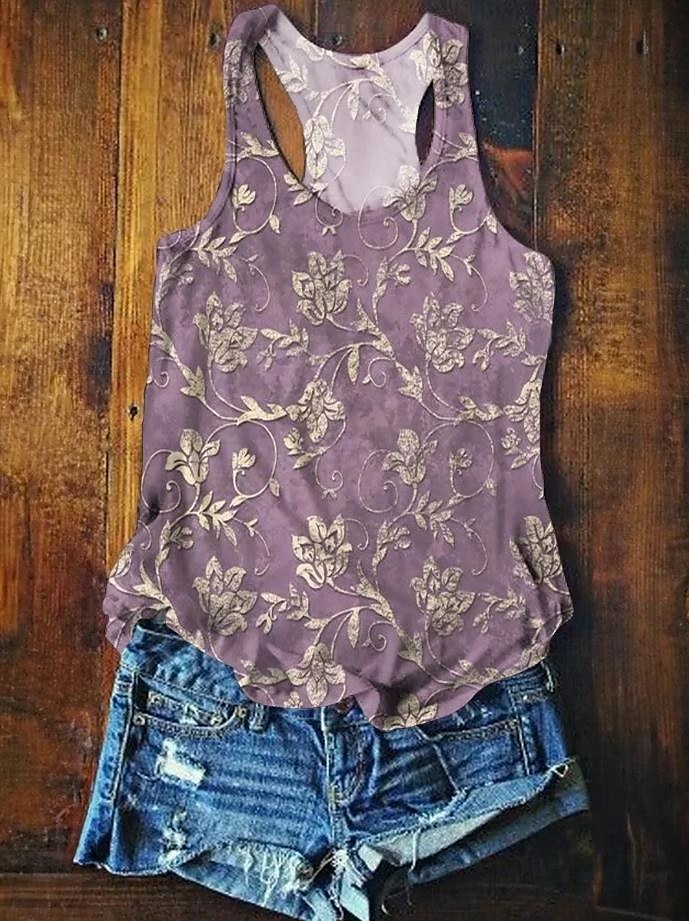 Kvinne Top Tank Topp Sommer Topper Blomster Grafikk Basic Uten Ermer V-Hals Vanlige Topper Trykk Rød Lilla Oransje Grønn Sommer Vår 2025 - $17.99 –P4