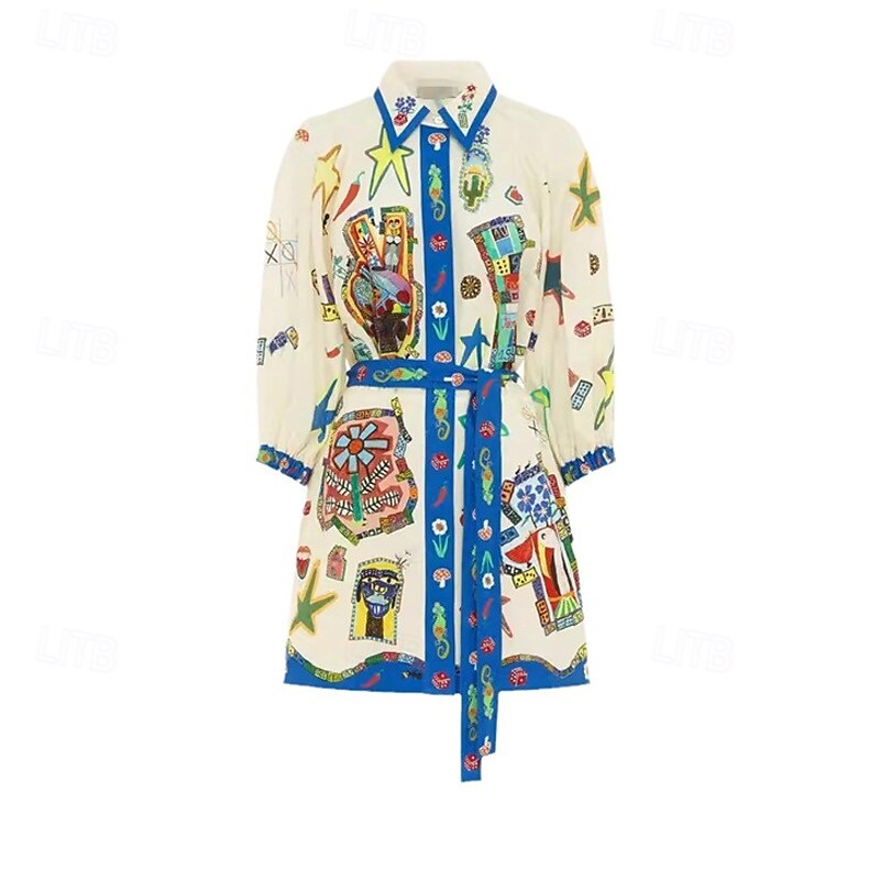 Per donna Mini Abito Abiti in cotone e lino Vestito Casual Moda All'aperto Feste Ferie Vestibilità regolare Graffiti Manica 3/4 Colletto a Camicia Blu Estate del 2025 a $42.99 –P7