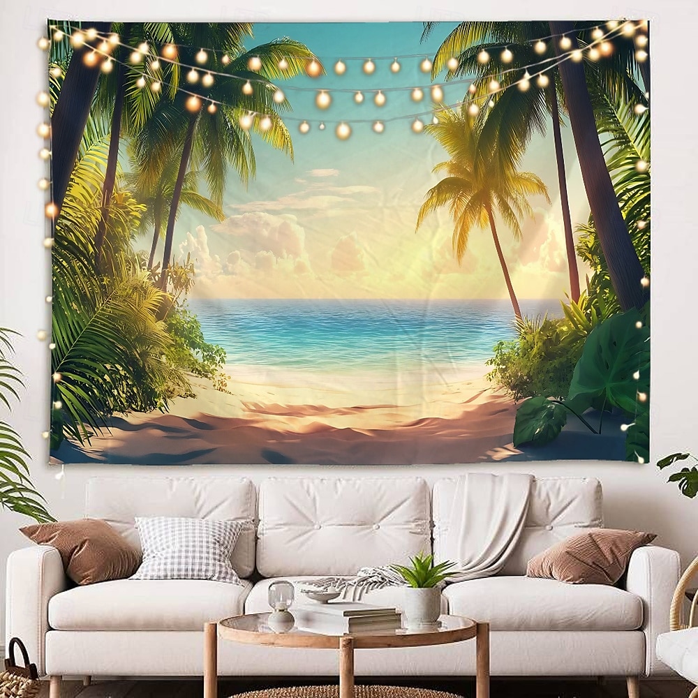 strand hav kokospalmer havutsikt soloppgang landskap billedvev dekorativ kunst teppe gardin hengende hjem soverom stue dekorasjon 2025 - $14.99 –P8