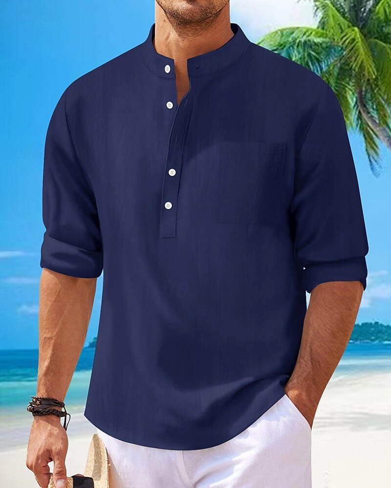 Herren Hemd Leinenhemd Popover-Hemd Freizeithemd Baumwollhemd Einfach Urlaub Hawaiianisch Schwarz Weiß Rosa Marineblau Langarm Stehkragen Frühling Herbst Bekleidung 2025 - $21.99 –P7