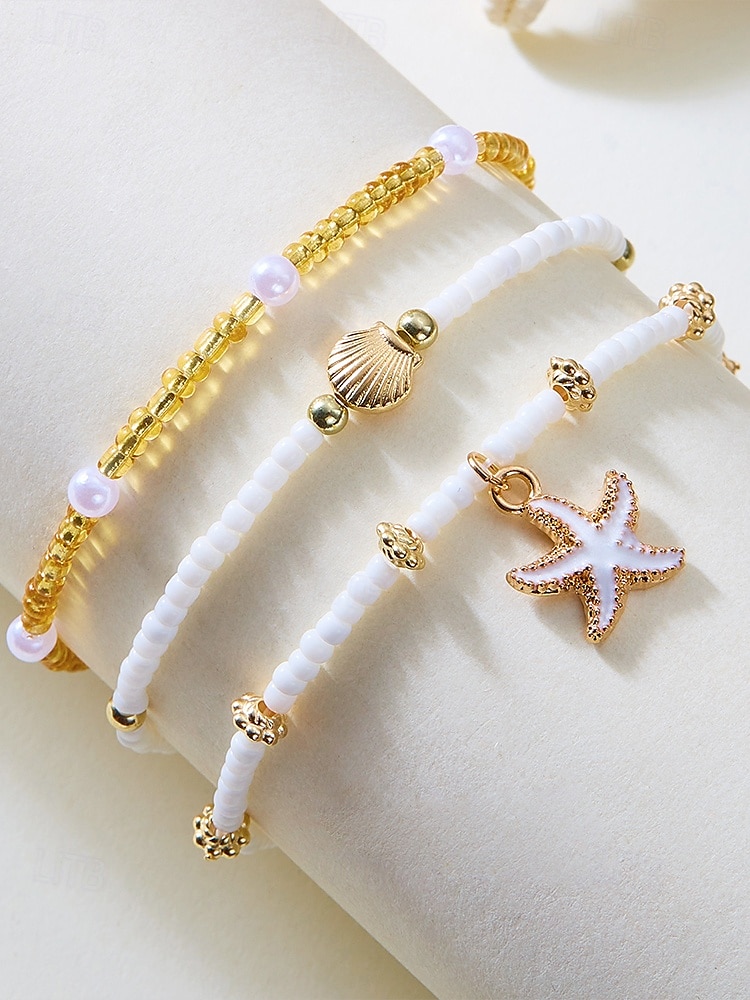 Conjunto de collar y pulsera tobillera en capas estilo playa para mujer con dijes de estrellas de mar y conchas, diseño de cuentas doradas y blancas, adecuado para vacaciones de verano, estilo casual y bohemio. 2025 - $9.99 –P8