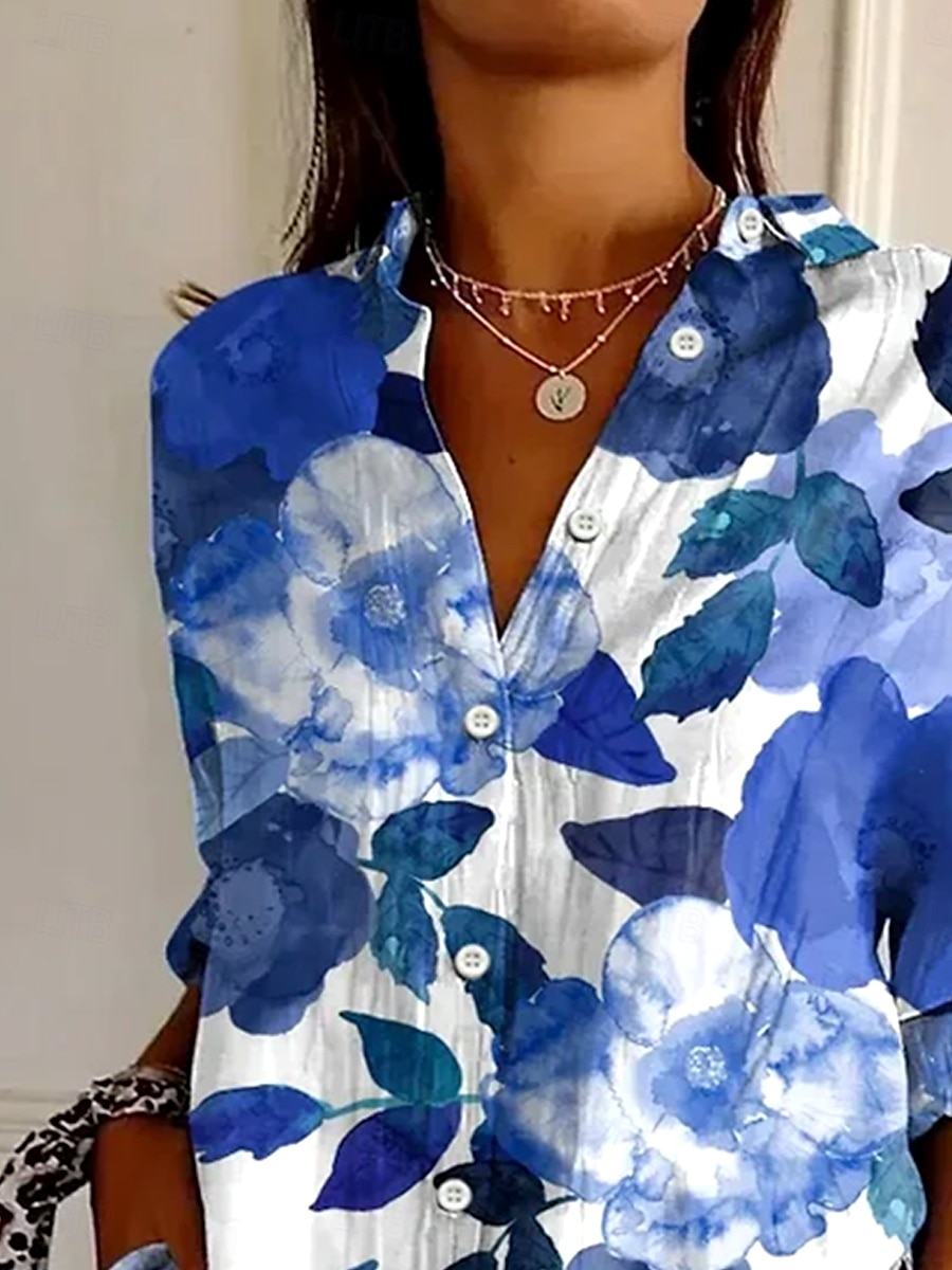 Damen Hemd Langarm Button-Down Bluse Blumen Grafik Blatt Vintage Tropisch Alltag Hemdkragen Reguläre Tops Arbeit Alltag Urlaub Knöpfe Druck Blau Sommer Frühling 2025 - $32.99 –P2