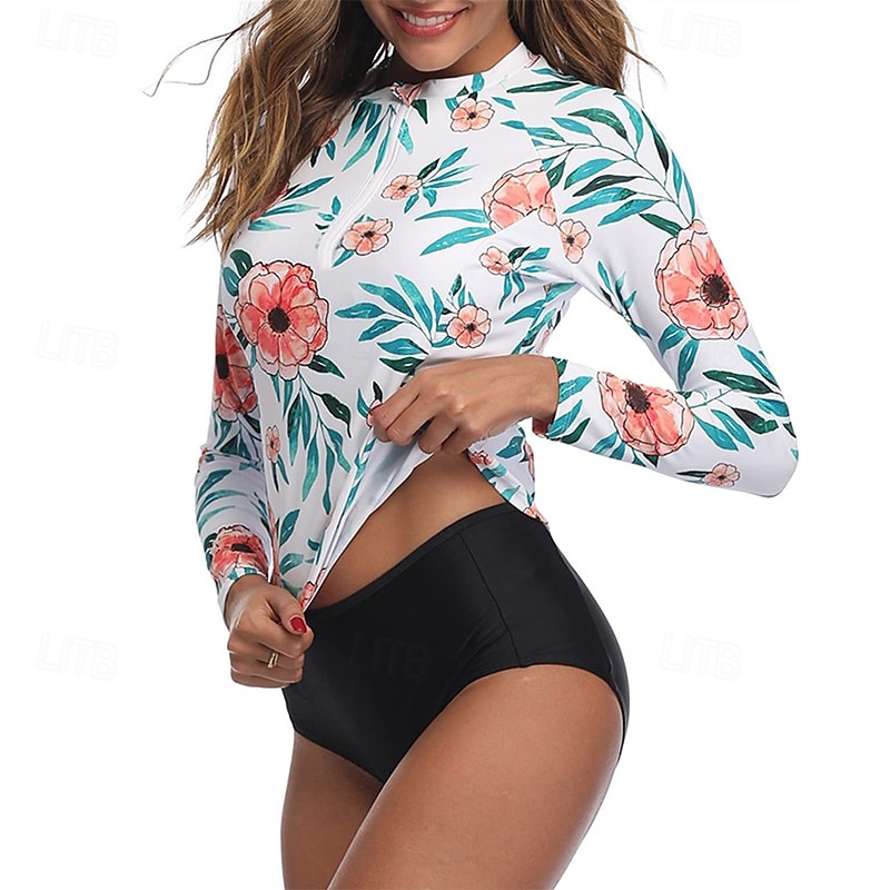 Damen Rash Guard Badeanzug UV-Sonnenschutz UPF50+ Langarm Bademode Badeanzug Frontreißverschluss Schwimmen Surfen Strand Wassersport Blumenmuster Tropisch Sommer Frühling 2025 - $27.99 –P2