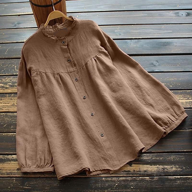 Neujahr Damen Elegante Oberteile Einfach Stilvoll Basic Modern Langarm Bischofsärmel Rundhalsausschnitt Normale Oberteile Arbeit Täglich Clubuniformen Gerafft Knöpfe Tunika Schwarz Purpur Khaki 2025 - $21.99 –P4