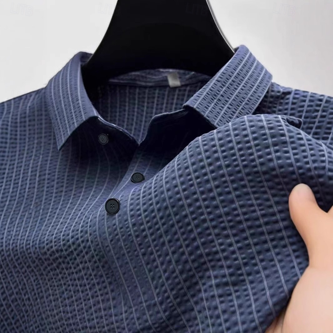 Men's Business Polo Golf Polos Shirts Work Business Lapel Ribbed Polo Collar Short Sleeve Basic Modern Stripes Textured Buttons Knitted Spring & Summer Regular Fit Black White Navy Blue Gray Business 2025 - $22.99 –P1