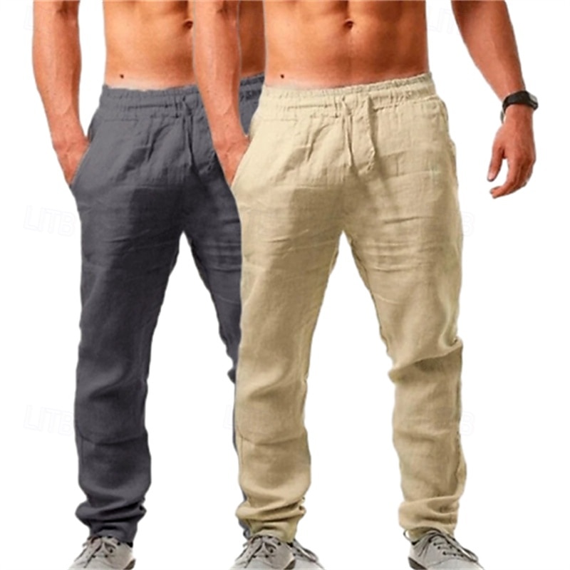 Pacote com 2 calças de linho masculinas, calças de verão, calças largas, calças de praia, cordão, cintura elástica, lisas, confortáveis, respiráveis, comprimento total, uso ao ar livre, diário, moda de férias, estilo clássico, branco + azul celeste de 2025 por $29.99 –P4