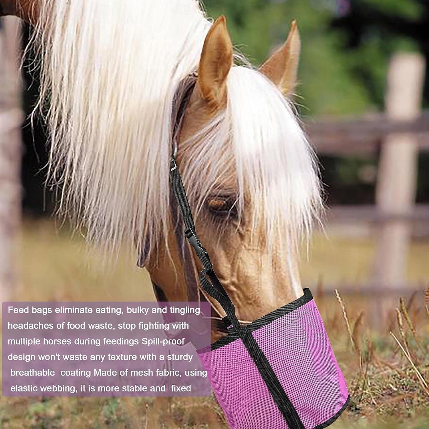 Saco de alimentação para cavalos, sacos de feno para grãos, alimentador de malha resistente para cavalos com alça ajustável, almofada de pescoço confortável, almofada nasal e focinheira inferior à de 2025 por $20.99 –P3