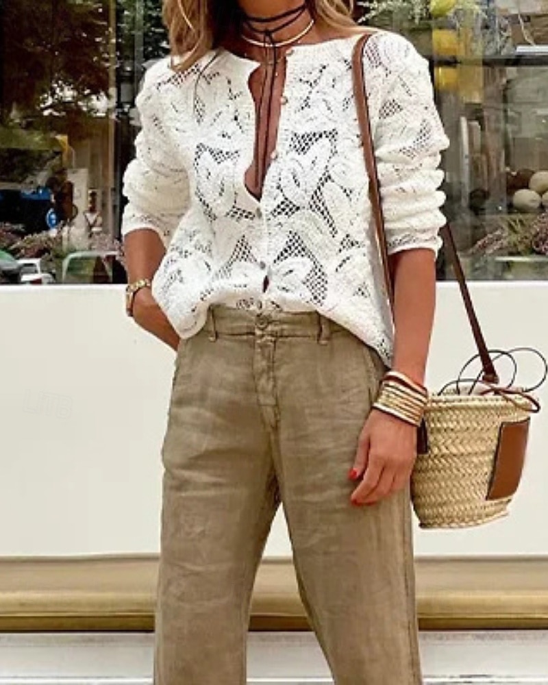 Women's Shirt Blouse Lace Plain Casual Long Sleeve Crew Neck Regular Tops Daily Going out White Summer 2026 - $34.99 –P2