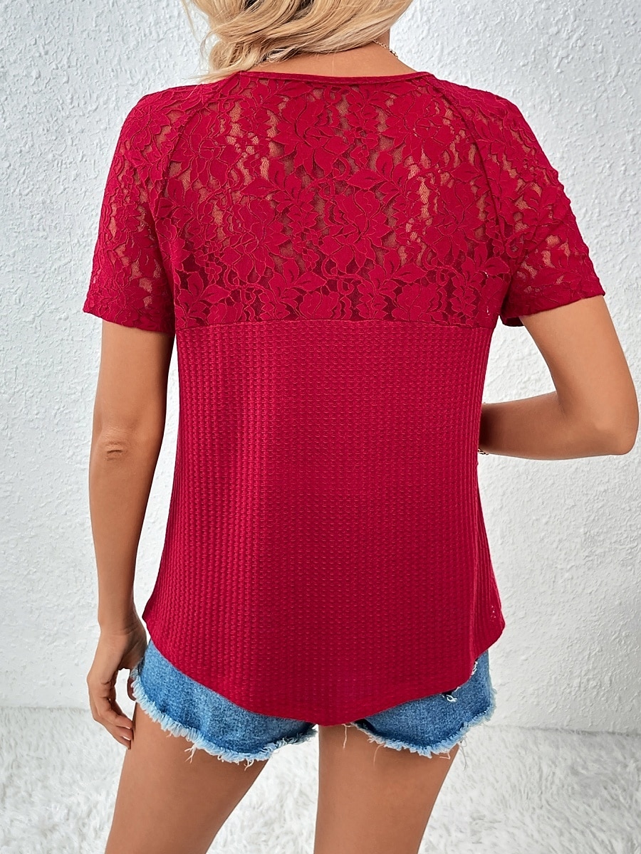 Pentru femei Tricou Simplu Modă Stilat Modern Manșon scurt În V Topuri obișnuite Zilnic Sfârșit de săptămână Dantelă Peteci Negru Alb Roșu-aprins Trifoi Vară 2025 - $15.99 –P6