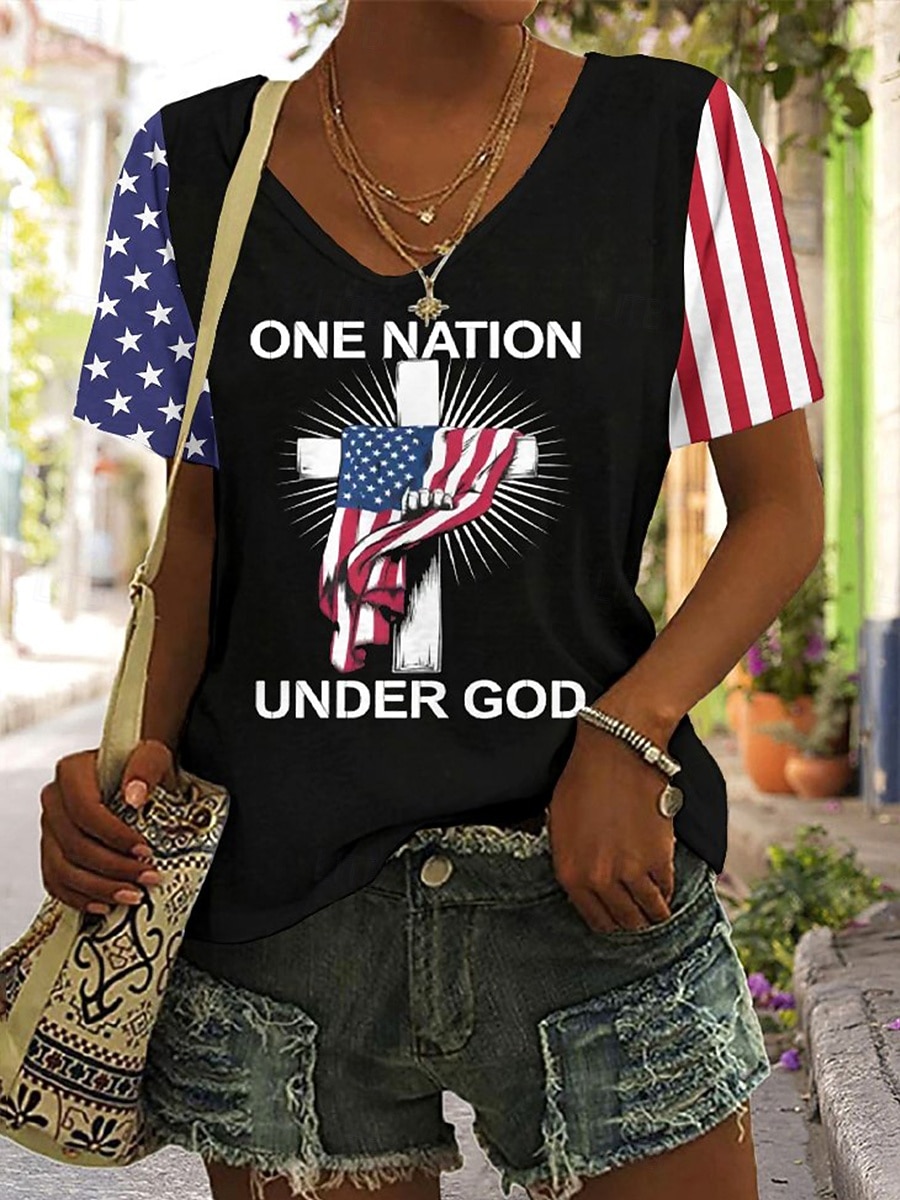 Självständighetsdagen Patriotisk Dam T-shirt Grafisk Flagga Vintage Mode Hawaii Kort Ärmmar V Hals Regular Topp Daglig Utgång Helg Tryck Svart Röd Sommar Vår 2026 - $21.99 –P1