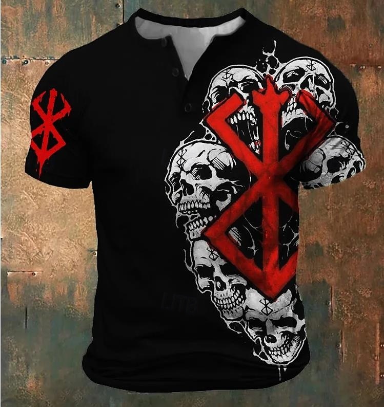 Men's Skulls T Shirt Henley Shirt Short Sleeve Designer Retro Vintage Street Casual Daily Summer Spring All Seasons Black Red Henley Henley T-Shirt 2025 - $17.99 –P1
