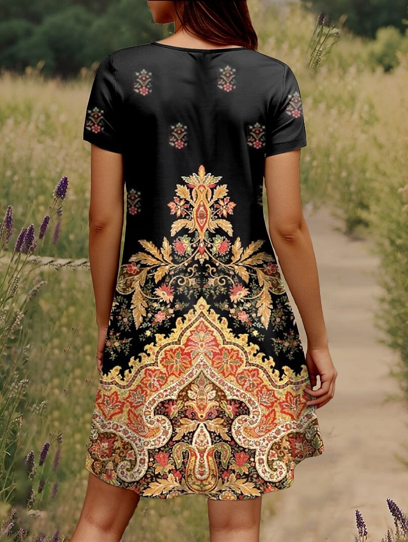 Rochie mini pentru femei, rochie tip tricou, rochie de vară, rochie de vacanță, casual, boho, zi de zi, ieșire în oraș, croială regulată, model paisley, mânecă scurtă, decolteu în V, albastru, violet, 2025 - $23.99 –P2