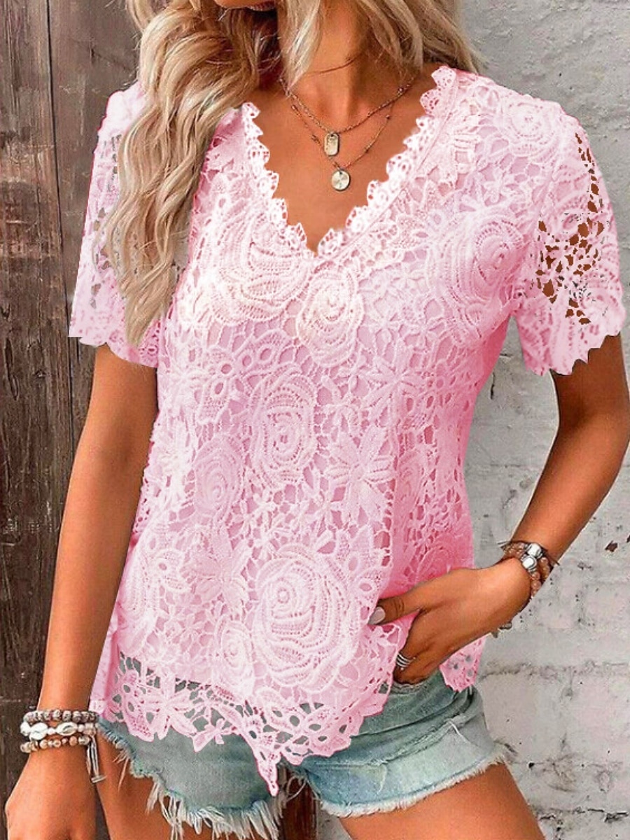 T-shirt pour femmes couleur unie graphique simple mode moderne décontracté à manches courtes col en V hauts réguliers quotidiens week-end dentelle patchwork noir blanc rose rouge été de 2025 ? $19.99 –P3