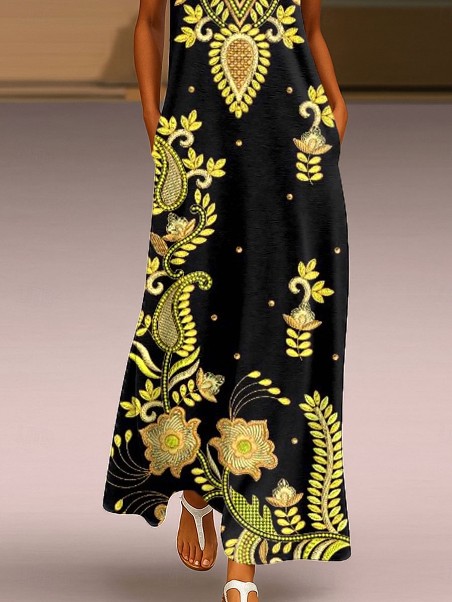 Women's Maxi Dress Sundress A Line Dress Summer Dress Vacation Casual Boho Daily Holiday Loose Fit Graphic Paisley Tribal Sleeveless Crew Neck V Neck Yellow Summer 2025 - $36.99 –P3
