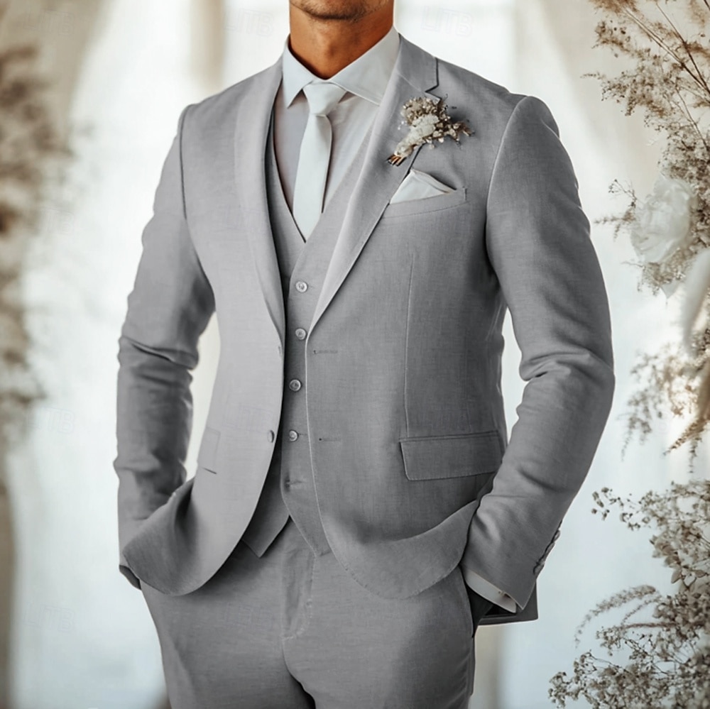 Pour des hommes Mariage Costumes en lin Revers Cranté Gris Claire Mode Formel Couleur Unie Coupe Standard 3 pièces Simple Boutonnage Deux Boutons de 2025 ? $139.99 –P2