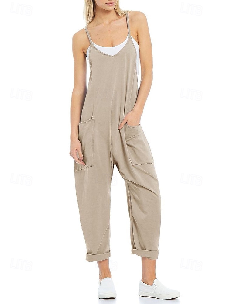 Femmes Normal Combinaison Occasionnel Couleur Unie Sans manches Col en V Avec Poches Sortir Week-end Coupe régulière Noir Vert Claire Vert Véronèse Été de 2025 ? $23.99 –P9