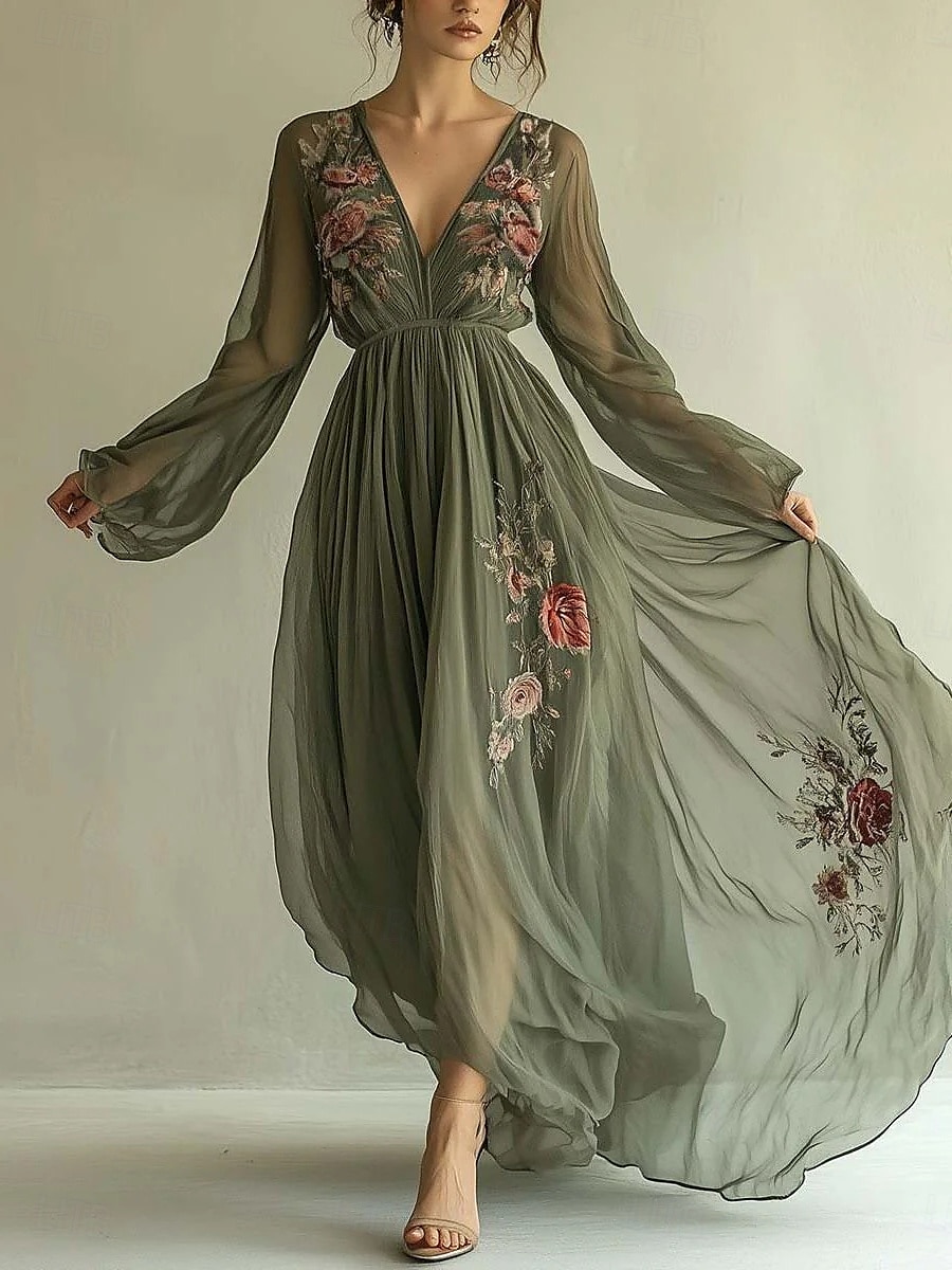 Femmes Robe maxi Robe trapèze Occasionnel Extérieur Sortir Coupe régulière Fleuri Graphique manche longue Col en V Vert Été de 2025 ? $41.99 –P3