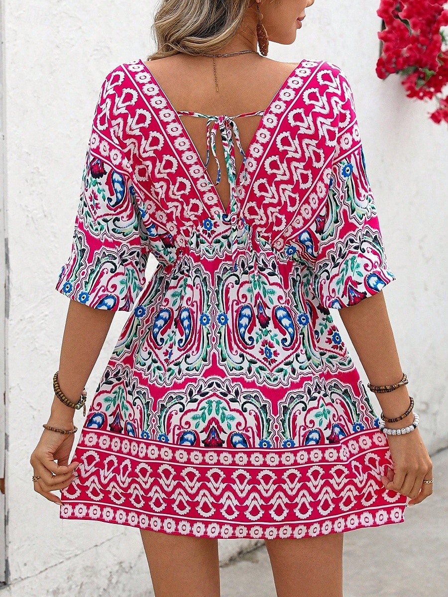 Dam Mini klänning A linjeklänning Semester Ledigt Boho Utomhus Utekväll Normal Blommig Grafisk 3/4 ärm V-hals Fuchsia Sommar Vår 2025 - $23.99 –P3
