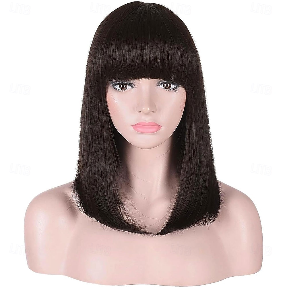 2026年 女性用ミディアムロングヘアウィッグ、ダークブラウンボブウィッグ、フリンジ付き、ナチュラルストレートヘアウィッグ、ハロウィン仮装コスプレ用16インチ  コレクション – $24.99 –P2