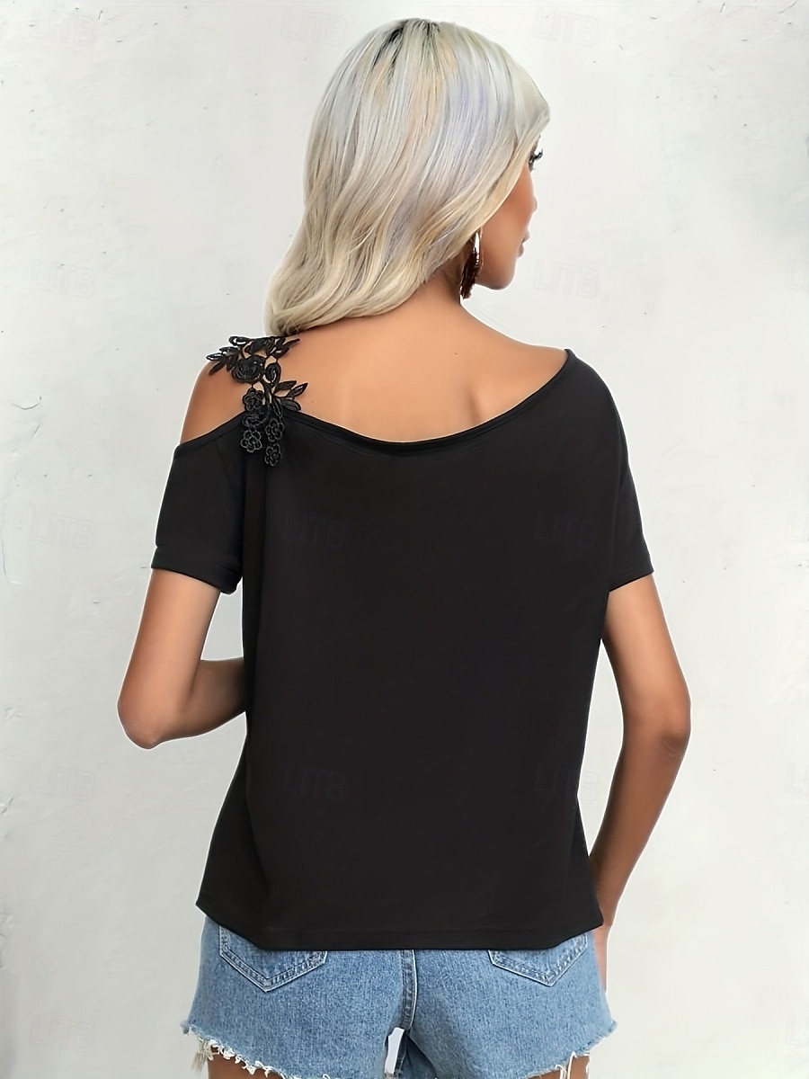 Damen T Shirt Einfach Mode Modern Lässig Kurzarm V Ausschnitt Normale Oberteile Täglich Wochenende Patchwork Bestickt Schwarz Weiß Braun Grün Sommer Frühling 2025 - GBP £15 –P5