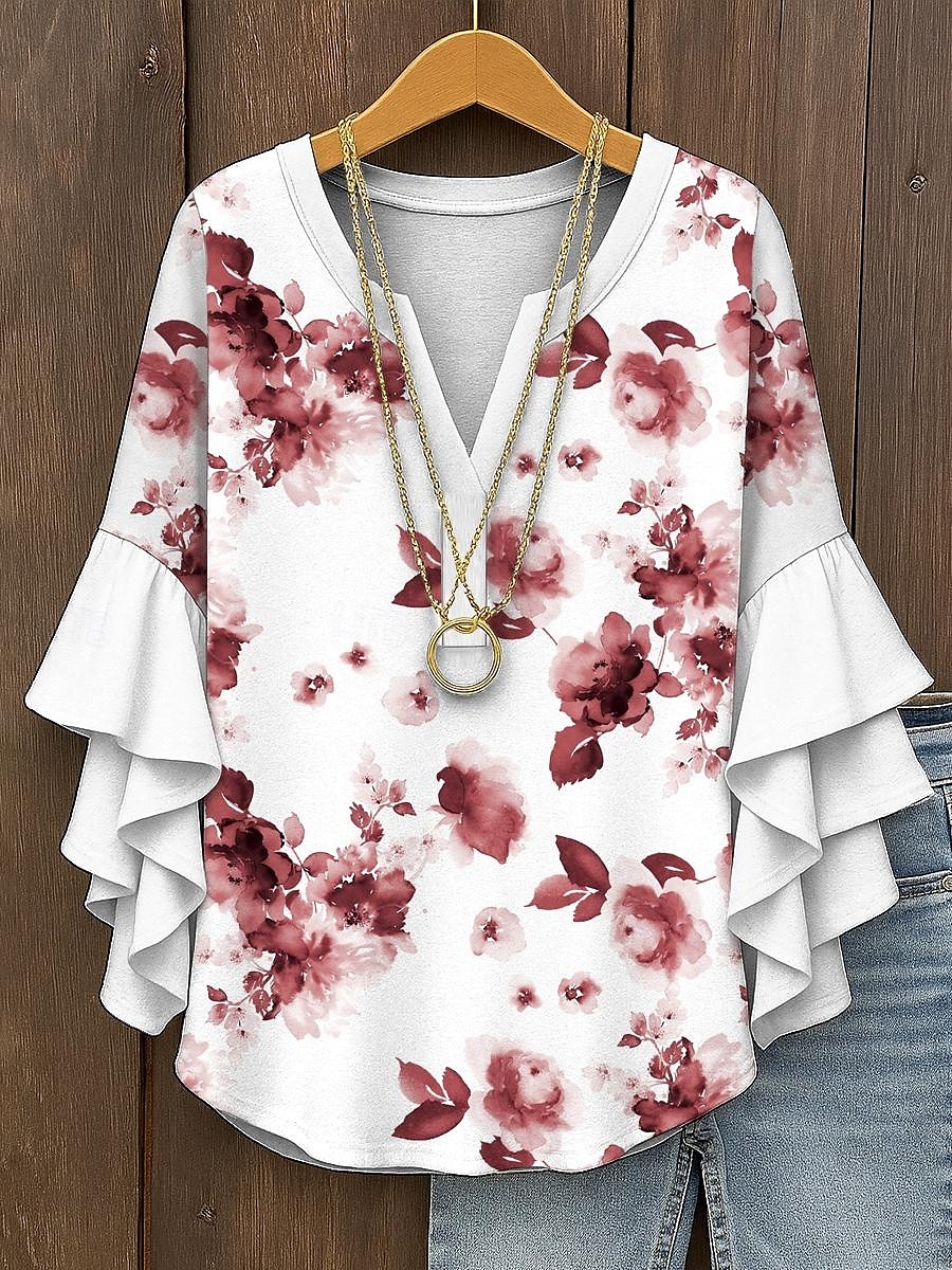 Blusa da Donna con Maniche a Ruffle a Strati Grafica Floreale Elegante Bohemia Vintage Maniche a 3/4 Collo a V Maglietta Regolare Abbigliamento Estivo Primaverile per Vacanze Stampa Gialla Rossa Blu del 2025 a $29.99 –P4
