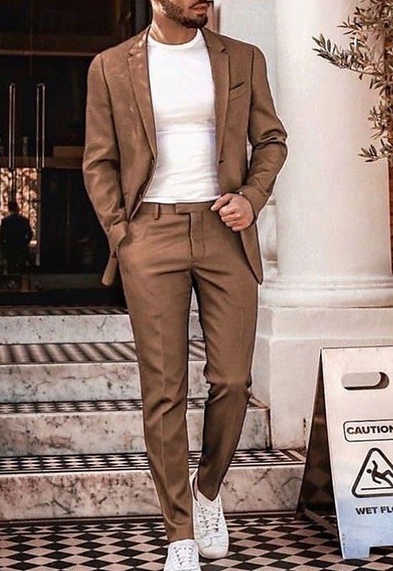 Uomo Matrimonio Spiaggia Completi in Lino Marrone Beige Tinta unita Vestibilità su misura 2 pezzi Monopetto Due Bottoni del 2025 a $112.99 –P1