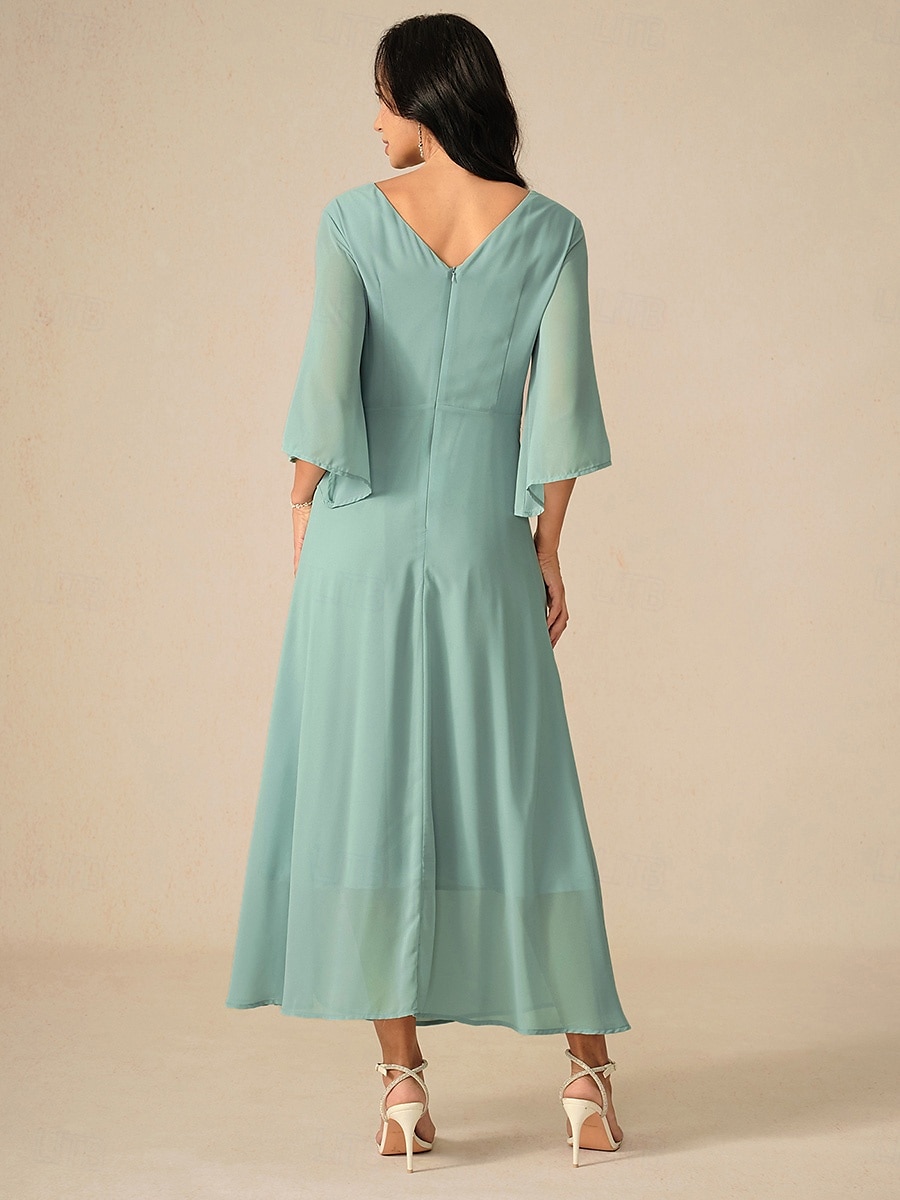 rochie de cocktail pentru invitați la nuntă pentru femei șifon uni cu volane răsucite elegantă rochie maxi de vară cu decolteu în V mânecă evazată lungime 3/4 2025 - $49.99 –P12