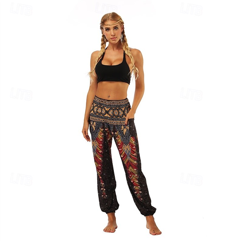 Retro Antiguo Boho Años 70 Pantalones Harem Pantalones de yoga Hippie Cintura elástica Pavo real Plumas Mujer Víspera de Todos los Santos Carnaval vacaciones en la playa Fiesta temática retro Festival 2025 - $27.99 –P19