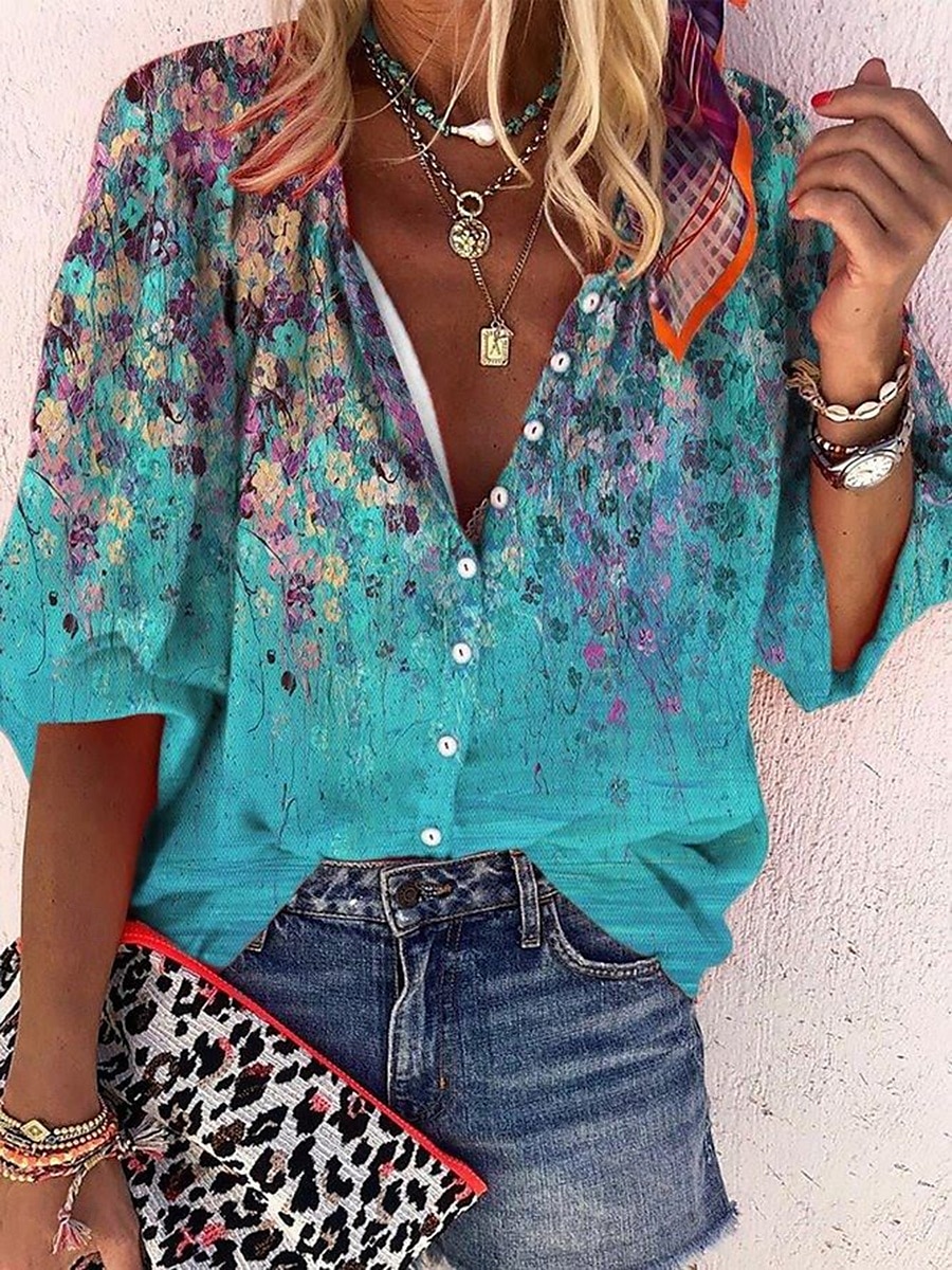 Dames Blouse Ombre Bloemig Grafisch Bohemen Dagelijks Casual 3/4 mouw Hoge nek Normale tops Knop Afdrukken Marineblauw Hemelsblauw Zomer Lente 2025 - $34.99 –P1