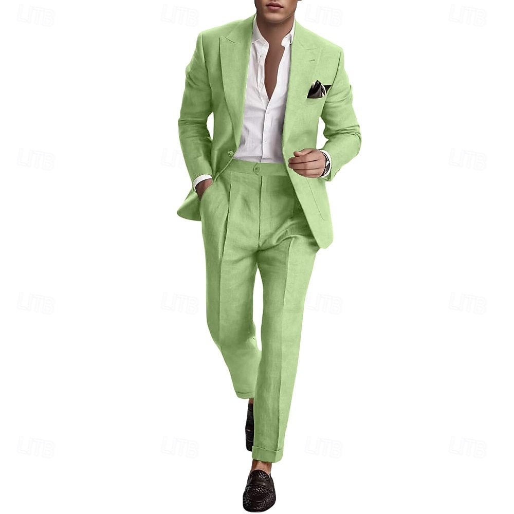 Pour des hommes Mariage Affaires Costumes en lin Revers en Pointe Rose Claire Bleu Ciel Mode Occasionnel Couleur Unie Coupe Standard 2 pièces Simple boutonnage un bouton de 2025 ? $115.99 –P7