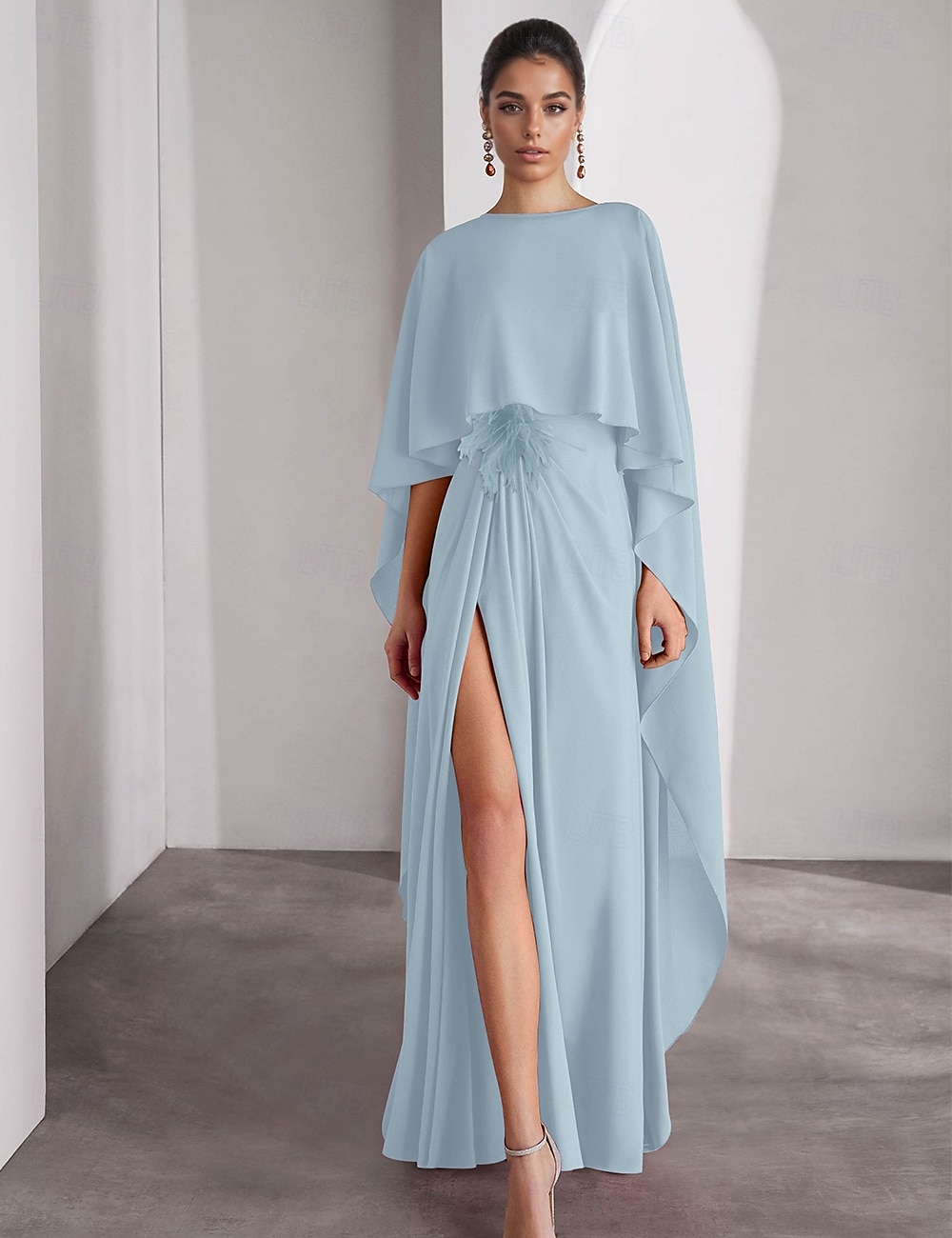 Vestido de noite elegante, cor-de-rosa e azul, com corte A, comprimento até o chão, manga curta, gola redonda, chiffon com xale de penas, 2025 de 2025 por $129.99 –P5