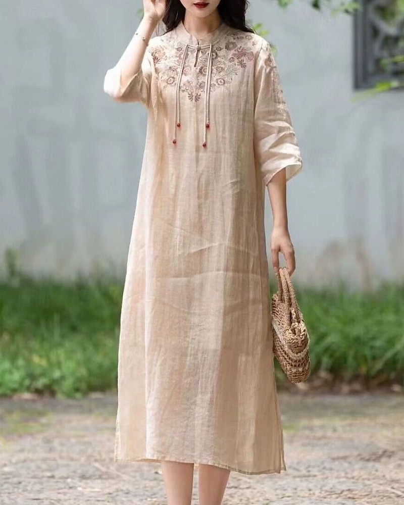 Pentru femei Rochii Midi Rochie din in bumbac Rochie florala Modă Modern Vacanță Zilnic Concediu Fit regulat Floare Manșon Jumate Guler de stand Roz Îmbujorat Albastru piscină Trifoi Caisă Vară 2025 - $28.99 –P17