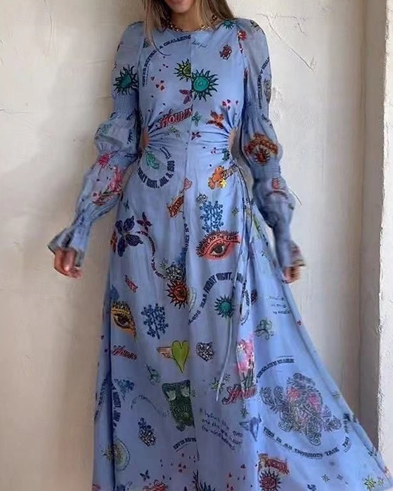 Damen Langes Kleid Maxikleid Baumwoll-Leinen-Kleider Freizeitkleid Mode Outdoor Party Ferien Normale Passform Bemalt Langarm Rundhalsausschnitt Blau Sommer 2025 - $42.99 –P1