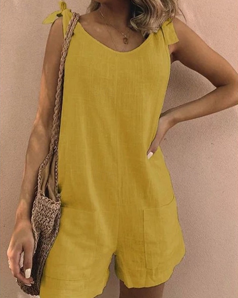 Women's Normal Cotton Linen Pants Streetwear Solid Color Sleeveless V Neck Pocket Street Daily Regular Fit White Yellow Army Green Summer 2025 - $26.99 –P4