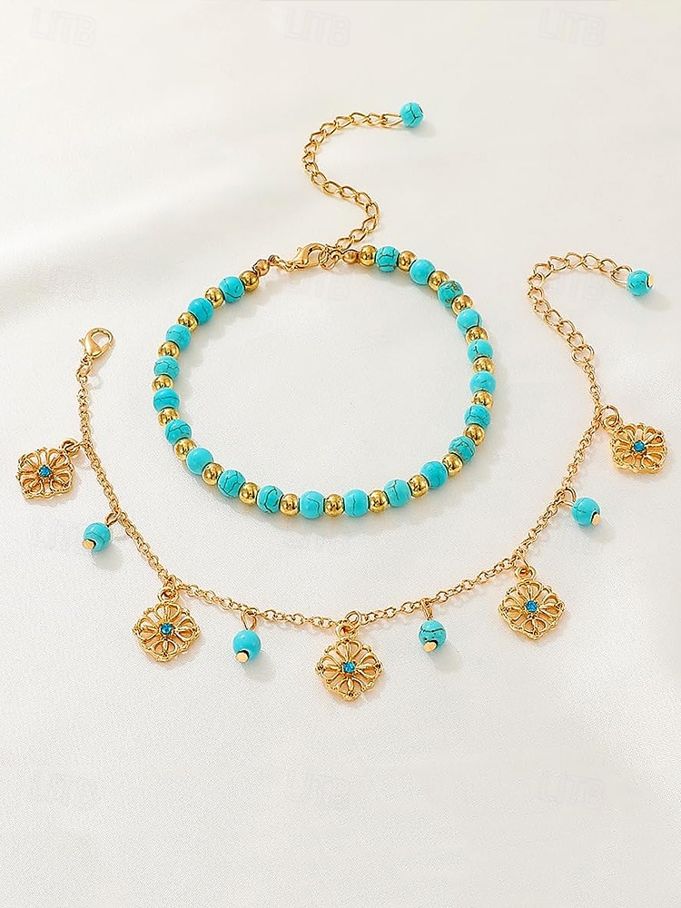 Tobillera con cuentas turquesas para mujer y dijes chapados en oro: joyería bohemia de playa para vacaciones de verano y festivales. 2025 - $7.99 –P3