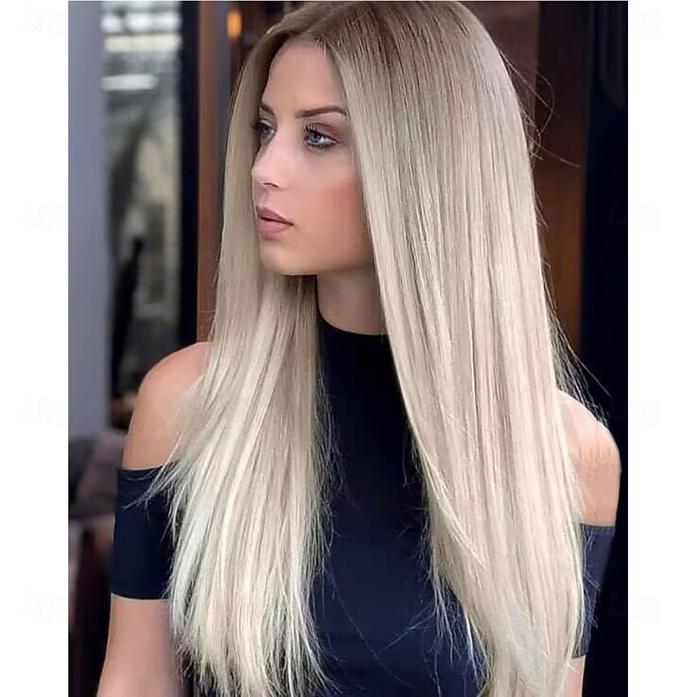 Peruca loira ombré longa de aparência natural com raízes castanhas, sem cola, para mulheres, cabelo sintético liso e sedoso, resistente ao calor, 28 polegadas de 2025 por $27.99 –P1