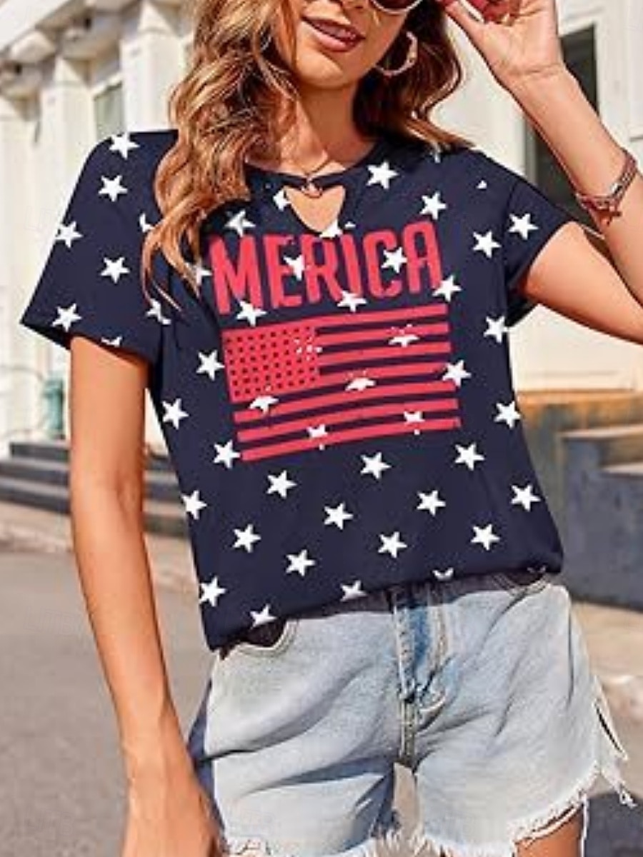 Vrouwen Blouse Vlag Stijlvol Casual Korte Mouw Crewneck Regelmatige Tops Dagelijks Print Zwart Rood Marineblauw Zomer 2025 - $19.99 –P13