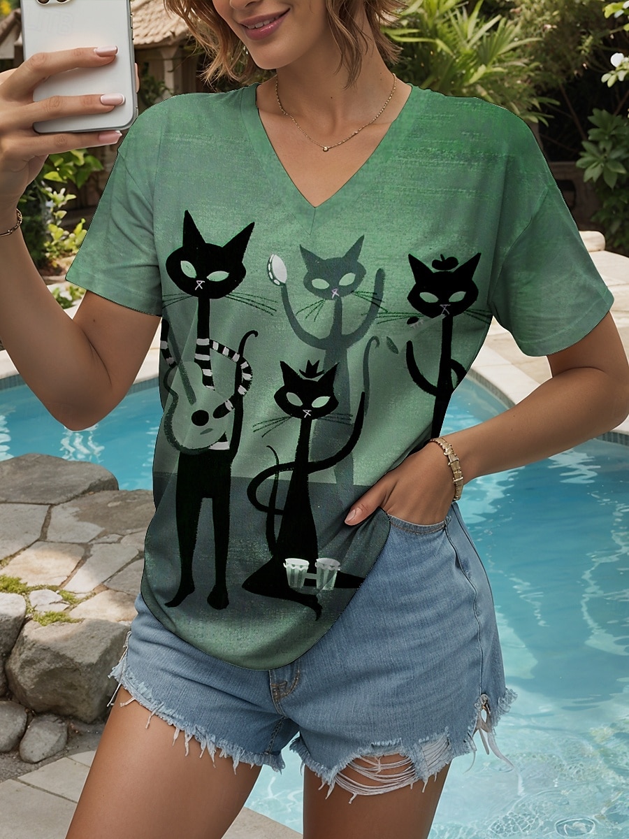 Femmes T-shirt Graphique Animal Chat ancien Élégant Classique Manche Courte Col en V Hauts Réguliers Quotidien Imprimé Rose poussiéreuse Marron clair Bleu Violet Vert Été Printemps de 2025 ? $19.99 –P4