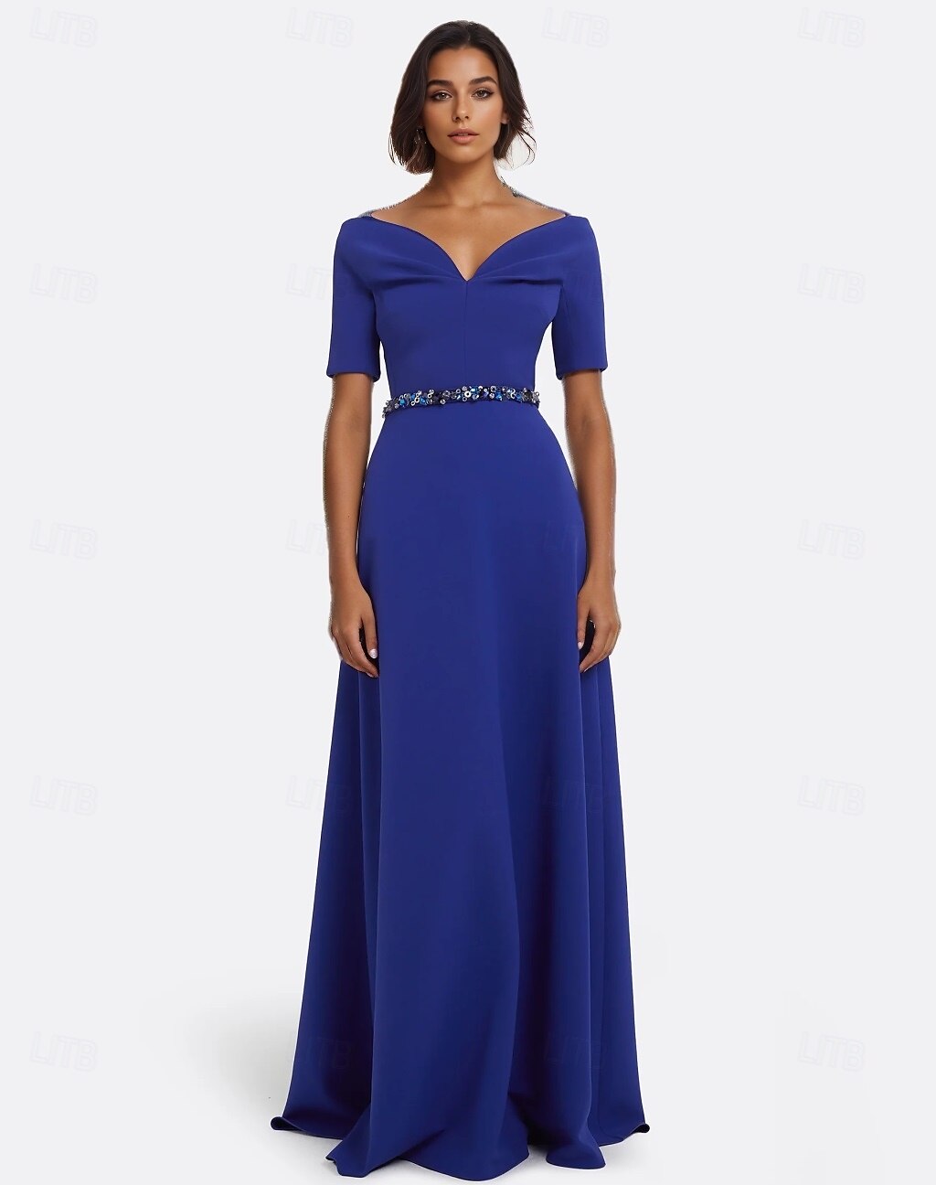Linea ad A Abito da Sera Elegante Vestito Formale Matrimonio Lunghezza al pavimento Manica Corta Scollo a V Crepe Elasticizzato con Perline 2025 del 2025 a $129.99 –P1