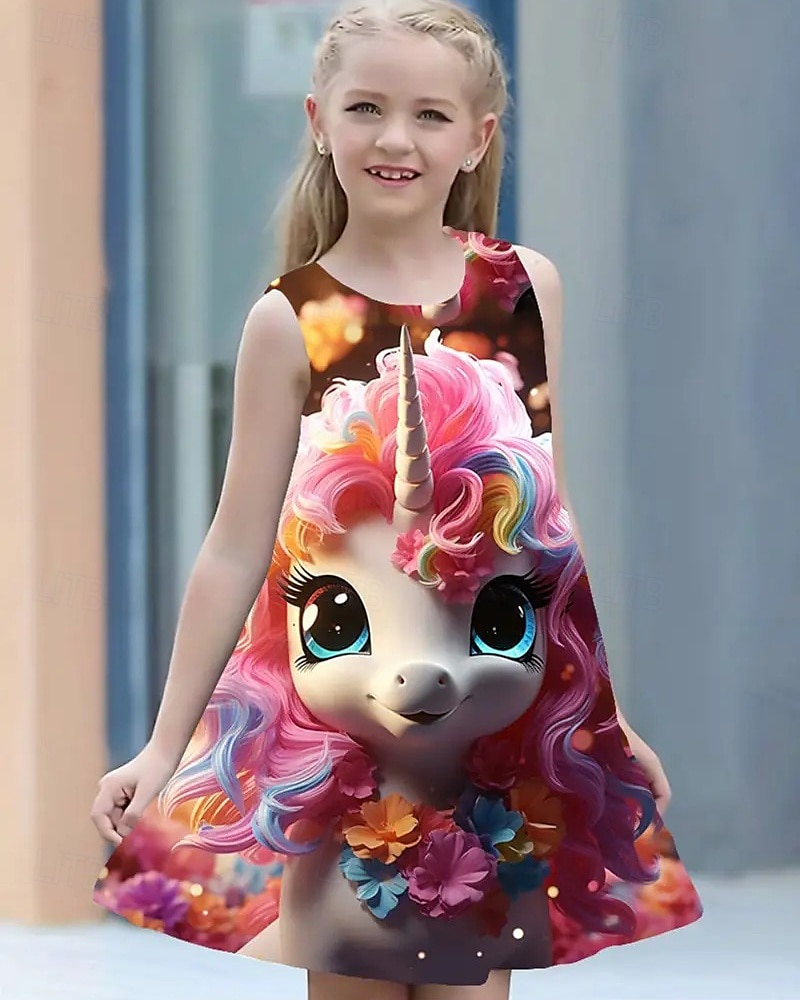 Girls' 3D Unicorn Dress Sleeveless Summer Spring Vacation Daily Holiday Princess Beautiful Sweet Kids 4-12 Years Casual Dress A Line Dress Knee-length Regular Fit 2025 - $13.99 –P1
