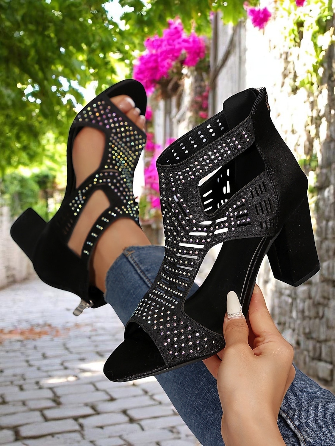 Sandales à talons carrés découpées en strass noires pour femmes - Bottines élégantes en maille à bout ouvert pour les rendez-vous quotidiens et les sorties décontractées de 2025 ? $42.99 –P2