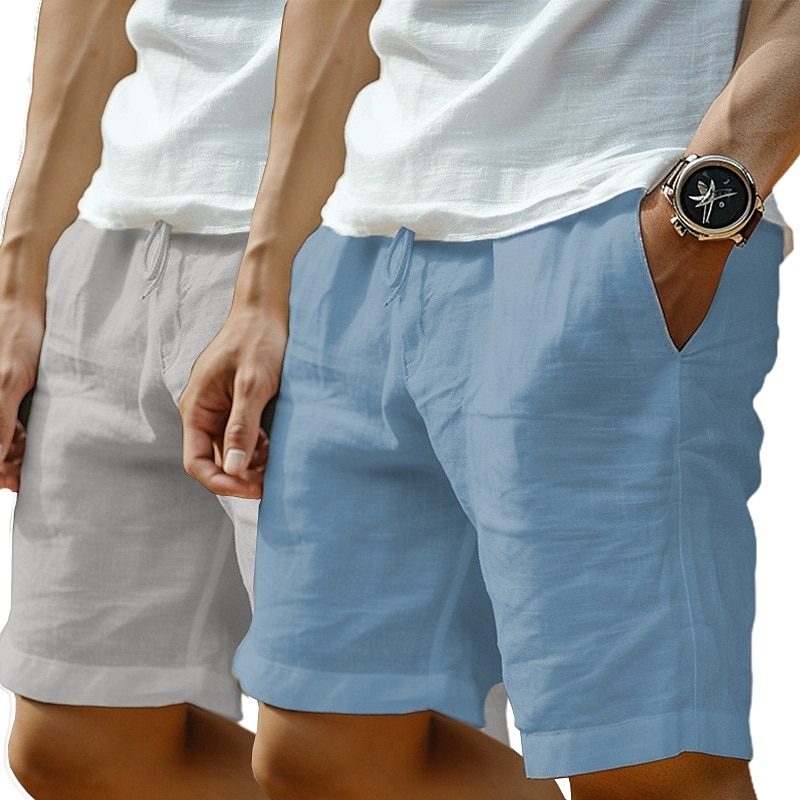 Confezione da 2 pantaloncini da uomo in lino, estivi, da spiaggia, con coulisse, tasca, elastico in vita, tinta unita, comodi, traspiranti, lunghezza al ginocchio, casual, per tutti i giorni, per le vacanze, alla moda, verde+grigio, nero+grigio del 2025 a $26.99 –P8