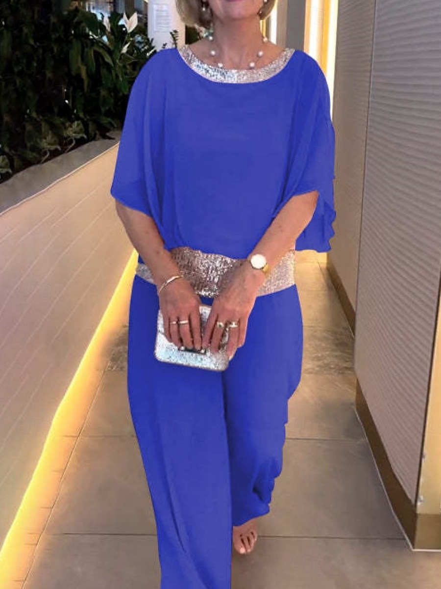 Ensembles de pantalons de mode 2 pièces pour femmes vêtements de rue quotidiens manches 3/4 col rond couleur unie sequins patchwork décontracté quotidien noir blanc rose été coupe régulière de 2025 ? $37.99 –P7