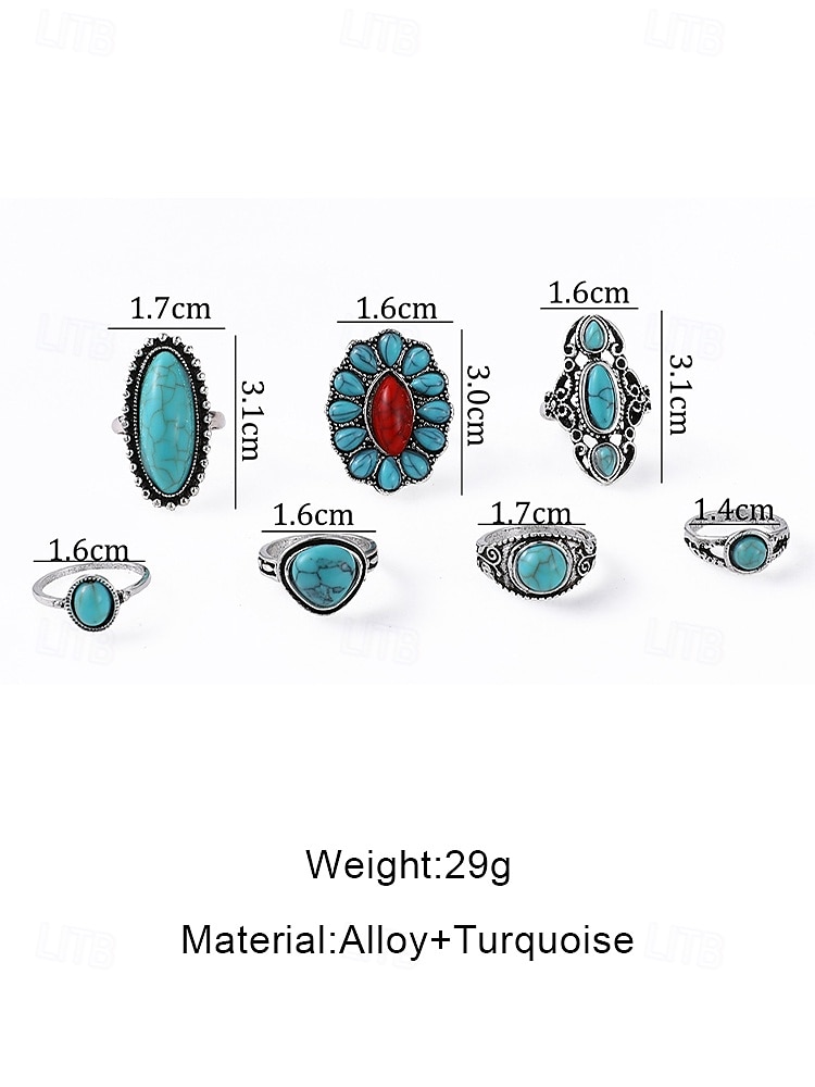 Women's Boho Turquoise Ring Set – Vintage Alloy Stackable Rings with Gemstone Accents for Western Style, Festivals or Daily Wear 2026 - $7.99 –P8
